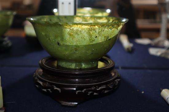 A Chinese bowenite jade brushwasher and a pair of hardstone bowls